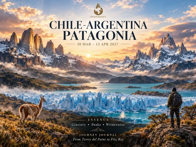 ภาพทิวทัศน์ภูเขาหิมะและธารน้ำแข็งสีฟ้าใน Patagonia พร้อมคนเดินป่าและสัตว์ป่า